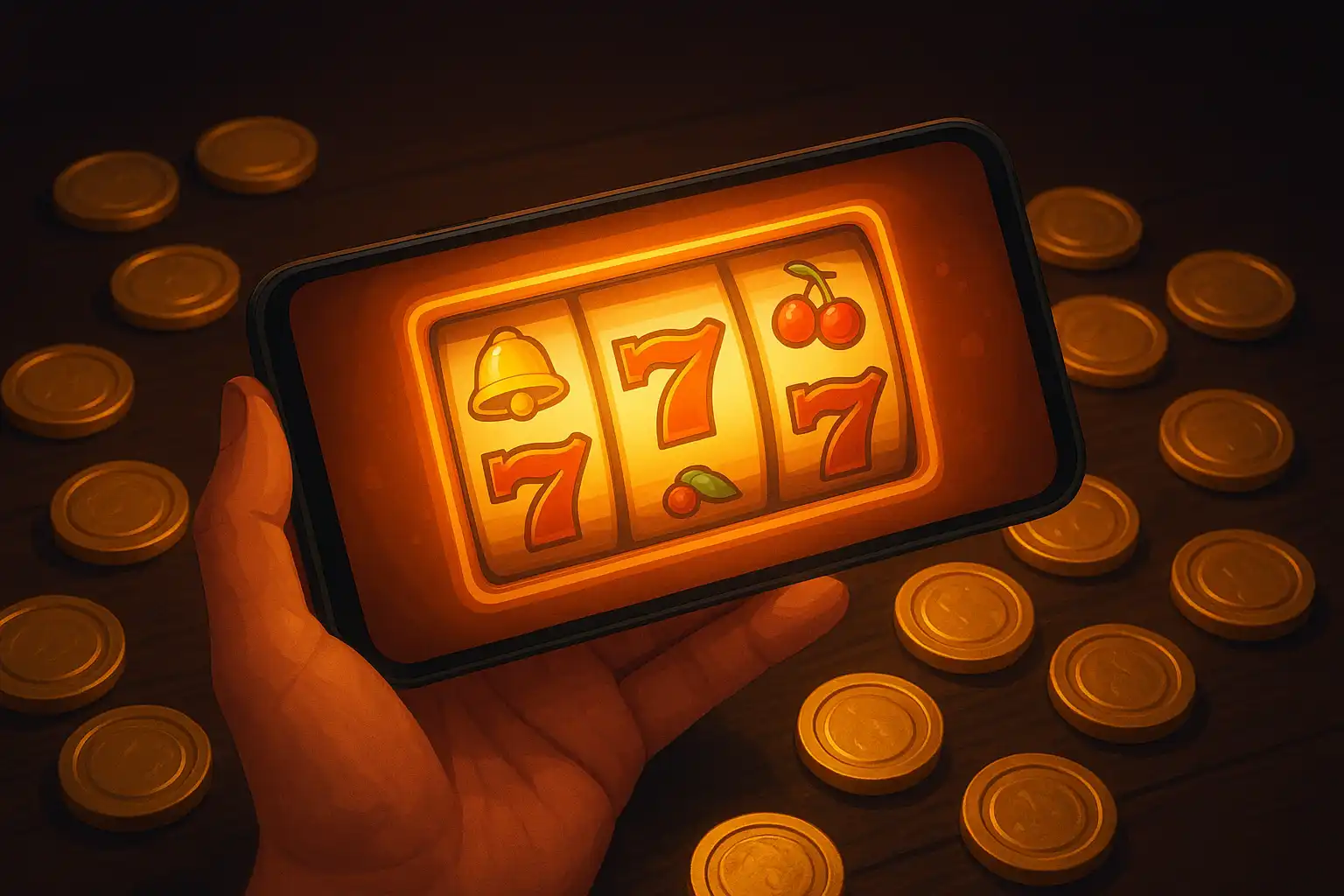 Hand holding a smartphone displaying a colourful slot game interface